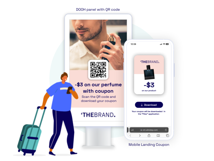 Image of a DOOH panel with a QR code for a perfume coupon and a mobile phone displaying a landing page with a downloadable coupon for a beauty product.