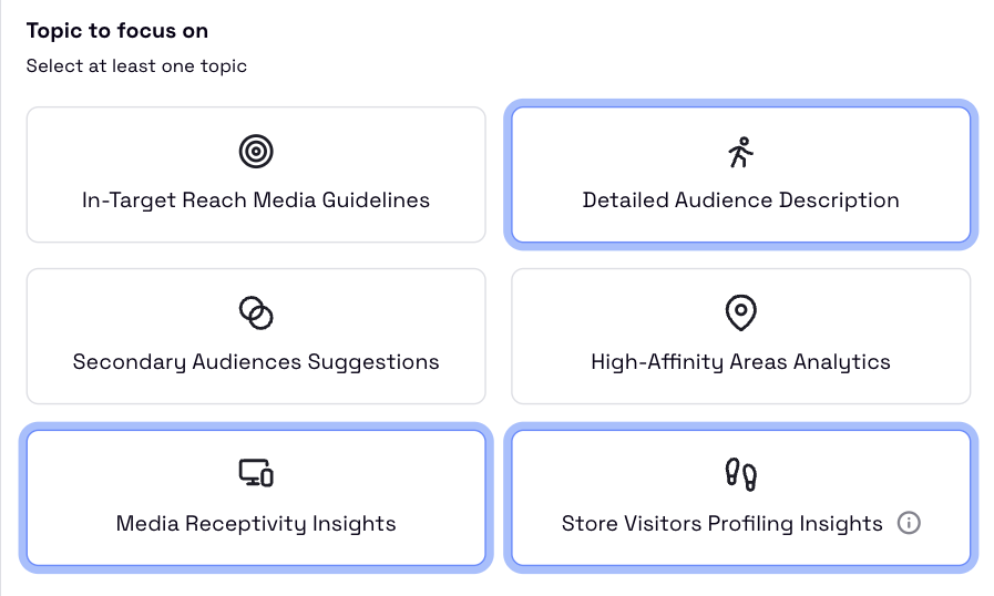 A digital interface displaying different audience insight categories, with "Detailed Audience Description" and "Media Receptivity Insights" highlighted. Caption: With Audience Explorer, marketers can focus on key insights such as audience profiling and media receptivity to enhance their targeting strategies.