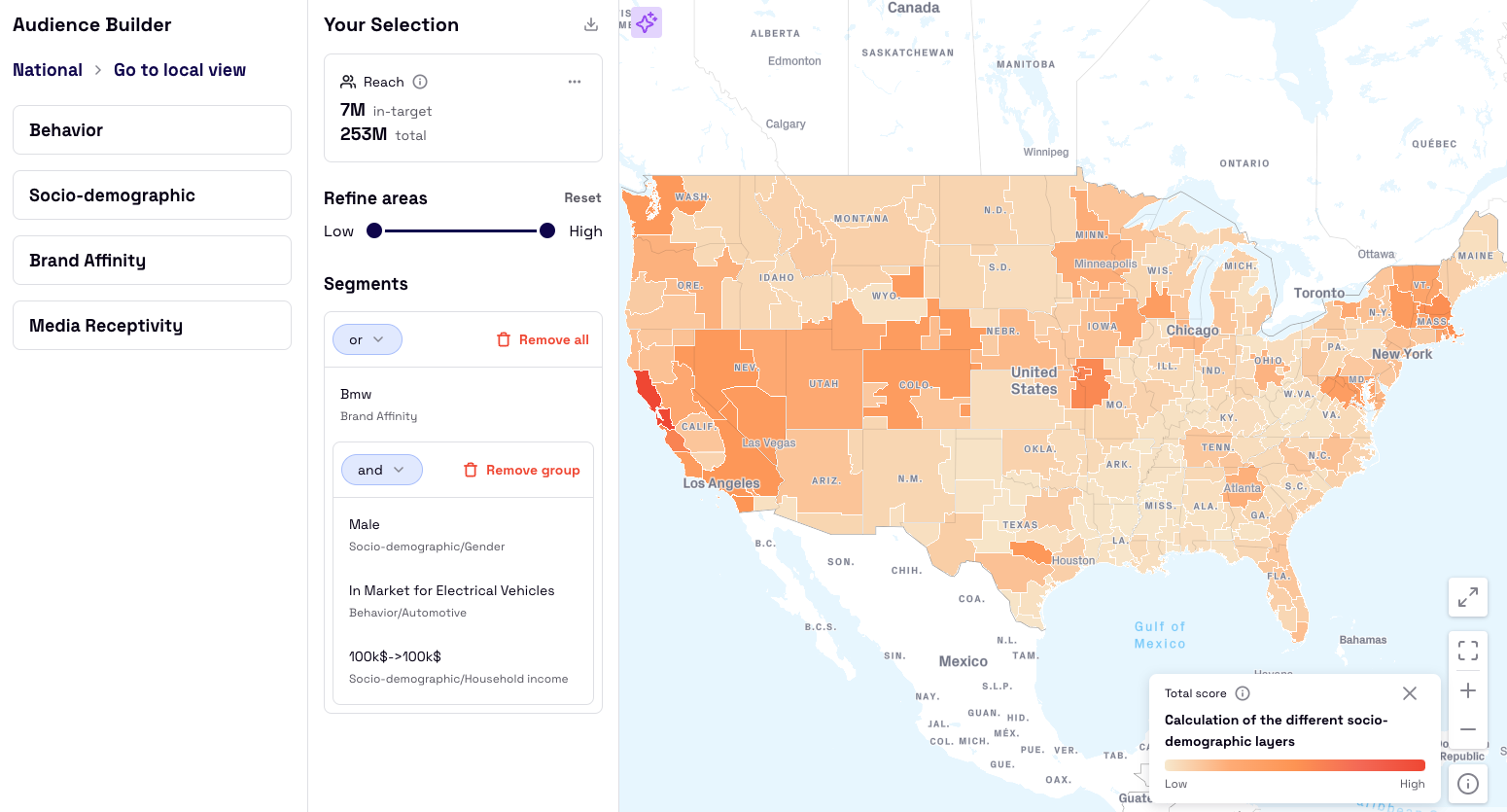 A digital dashboard showcasing Locala's Audience Builder tool, displaying segmented data of in-market automotive buyers based on behavior, brand affinity, and demographics.