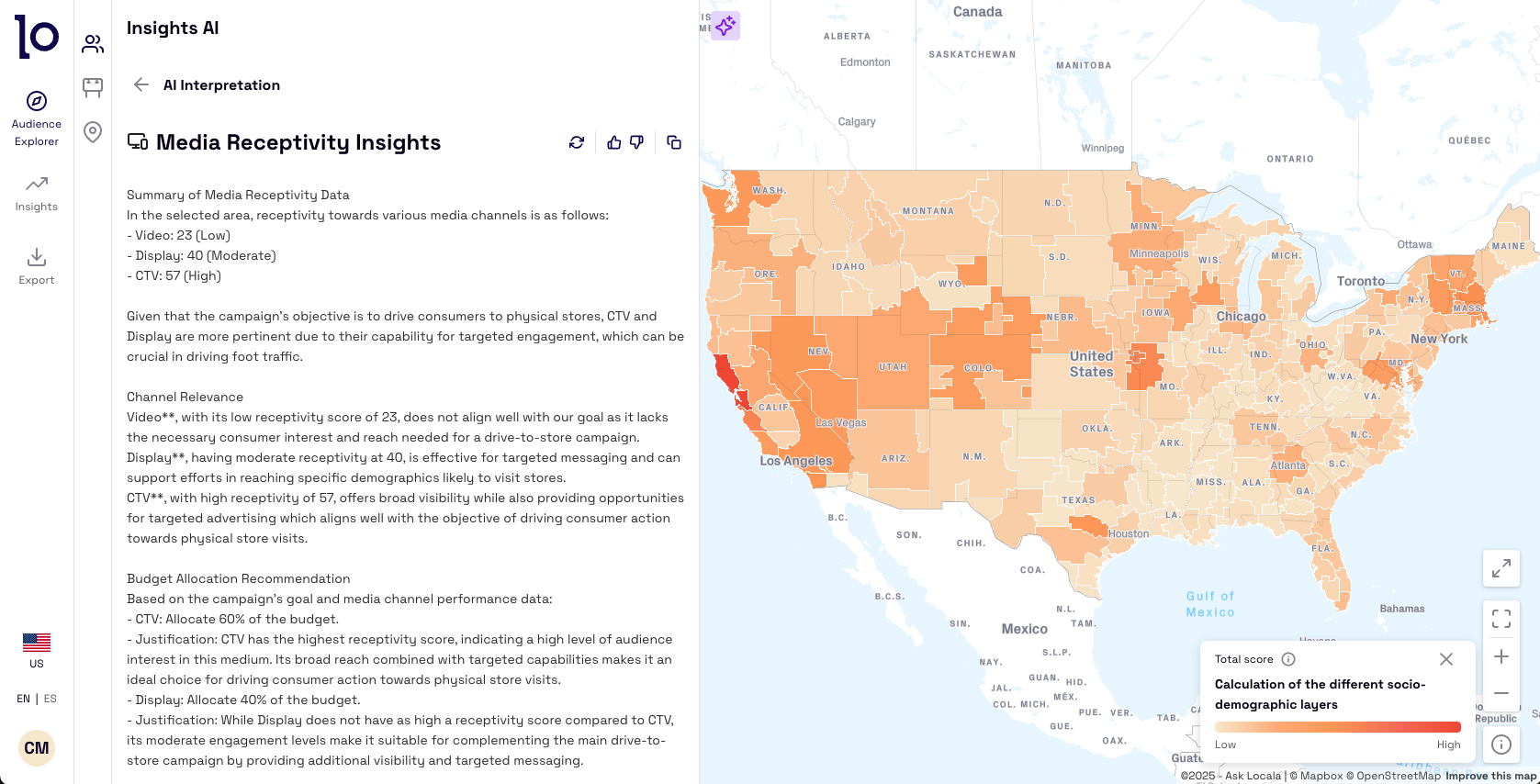 A digital interface displaying AI-generated media receptivity insights, comparing different advertising channels' effectiveness for store visits.