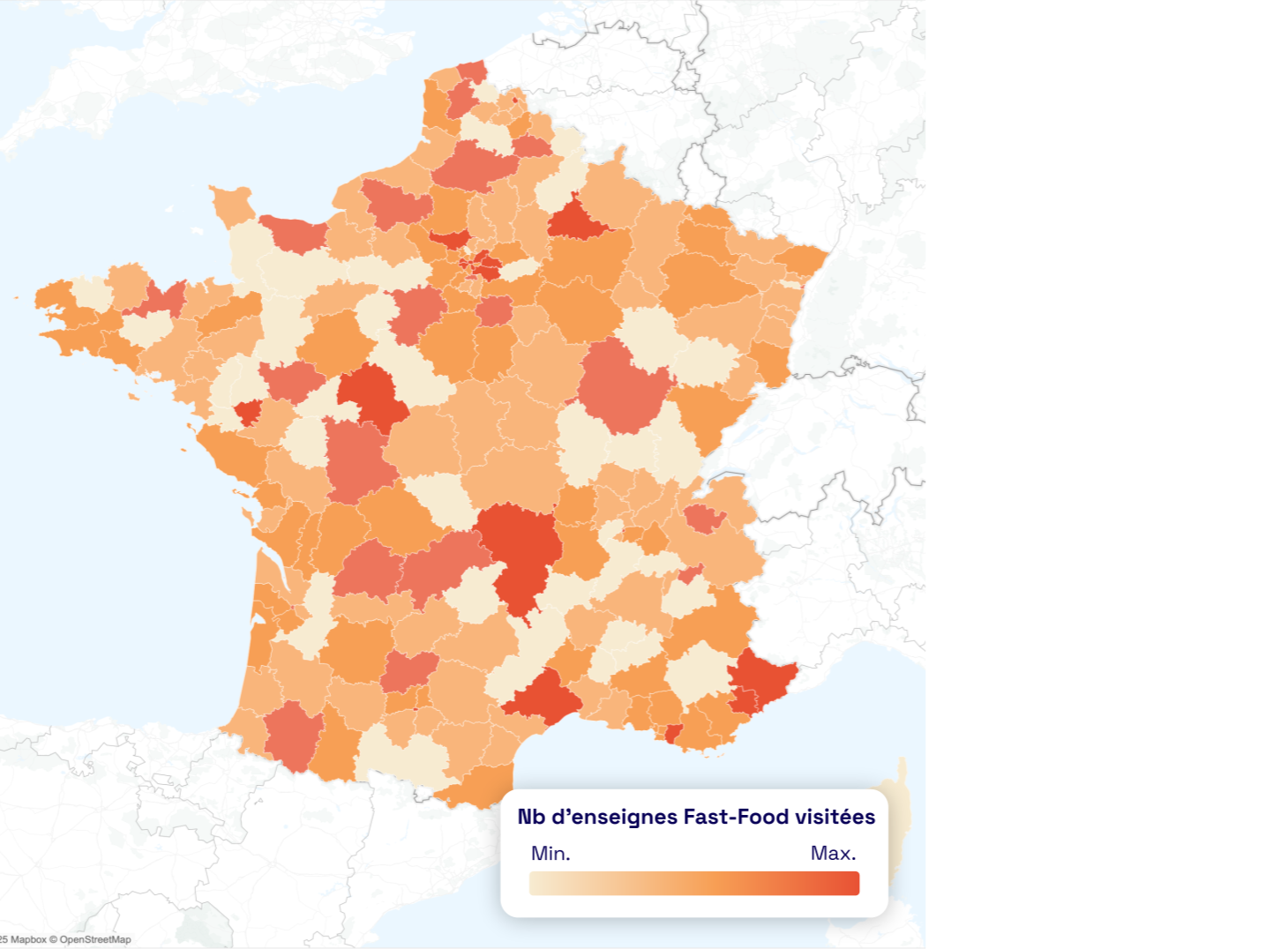 Carte de France montrant le nombre d’enseignes de fast-food visitées par département, avec une légende allant de "Min." à "Max." en dégradé du beige au rouge foncé.