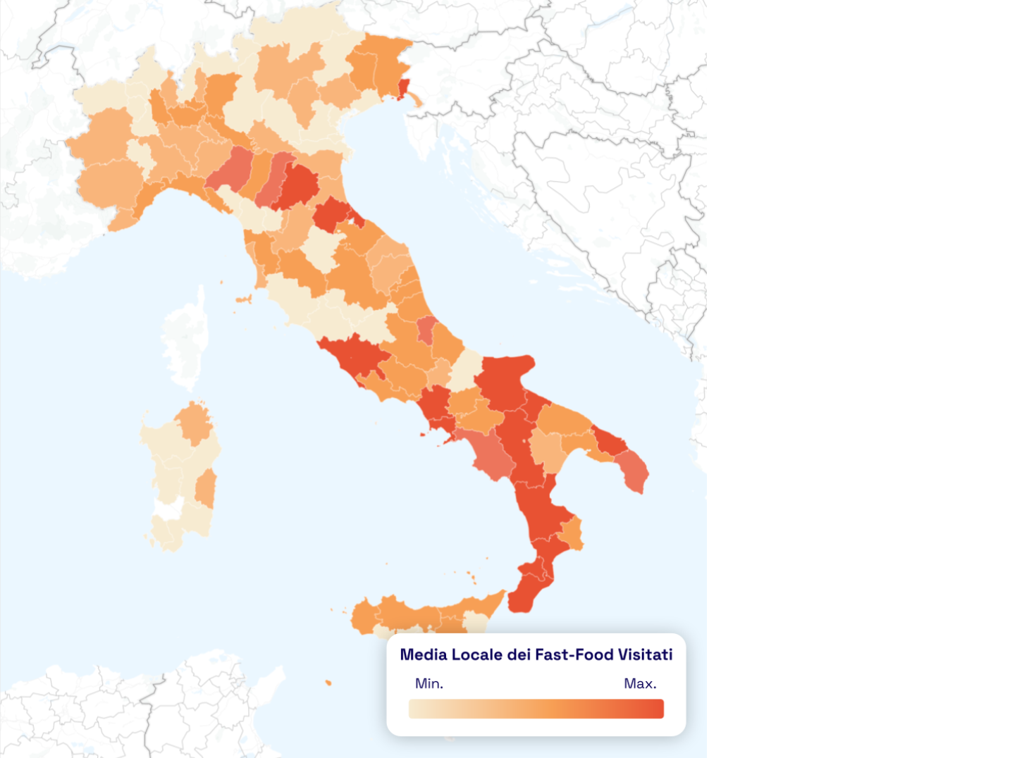Mappa dell’Italia che mostra la media locale delle visite ai fast-food per regione, con una scala di colori dal beige al rosso in base alla frequenza delle visite.