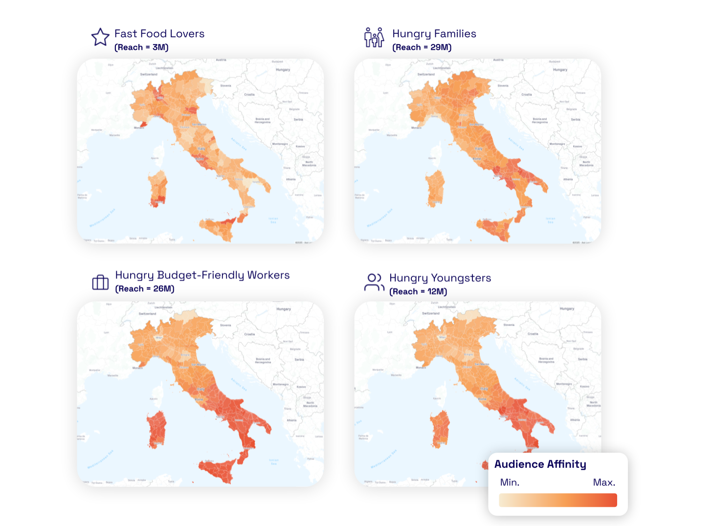 Quattro mappe dell’Italia che visualizzano l’affinità del pubblico per diversi segmenti: Fast Food Lovers (Reach = 3M), Hungry Families (29M), Hungry Budget-Friendly Workers (26M) e Hungry Youngsters (12M), con una legenda dal minimo al massimo.