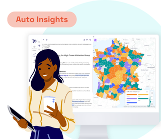 Miniature d’une femme tenant une tablette et un verre, devant un écran affichant une carte colorée de la France et des données sur les comportements des consommateurs automobiles sous le titre “Auto Insights”.