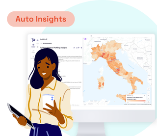 Miniatura con una donna che tiene un tablet e un bicchiere davanti a uno schermo con mappa dell’Italia e un’interfaccia analitica, sotto il titolo "Auto Insights".