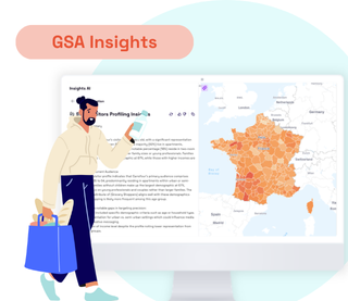 Miniature avec un consommateur tenant un sac de courses devant un écran montrant une carte de France colorée et des insights sur la grande distribution (GSA).
