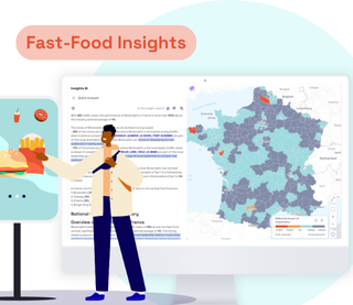 Illustration avec une personne tenant un burger devant un écran affichant des données et une carte de France, accompagnée du texte "Fast-Food Insights".