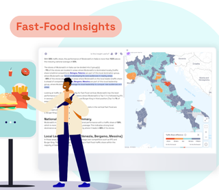 Illustrazione con una persona che tiene un panino davanti a uno schermo che mostra dati analitici e una mappa dell’Italia, con l’etichetta “Fast-Food Insights”.
