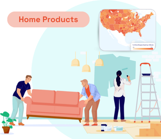 Thumbnail of home products market insights. A group of people installing some home products, a colored map of the us per zone of interest