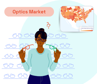 Thumbnail of optics market insights. A woman trying to choose between two pairs of glasses, a colored map of the us per zone of interest