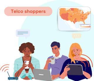 Thumbnail of telco shopper's insights. A group of people using computers and phone, a colored map of the us per zone of interest