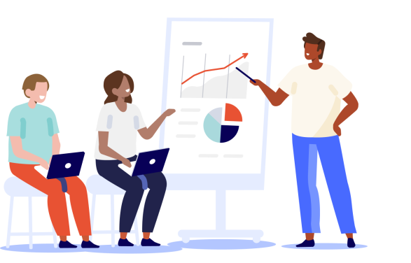 An illustration of a meeting, one person is showing some data to others