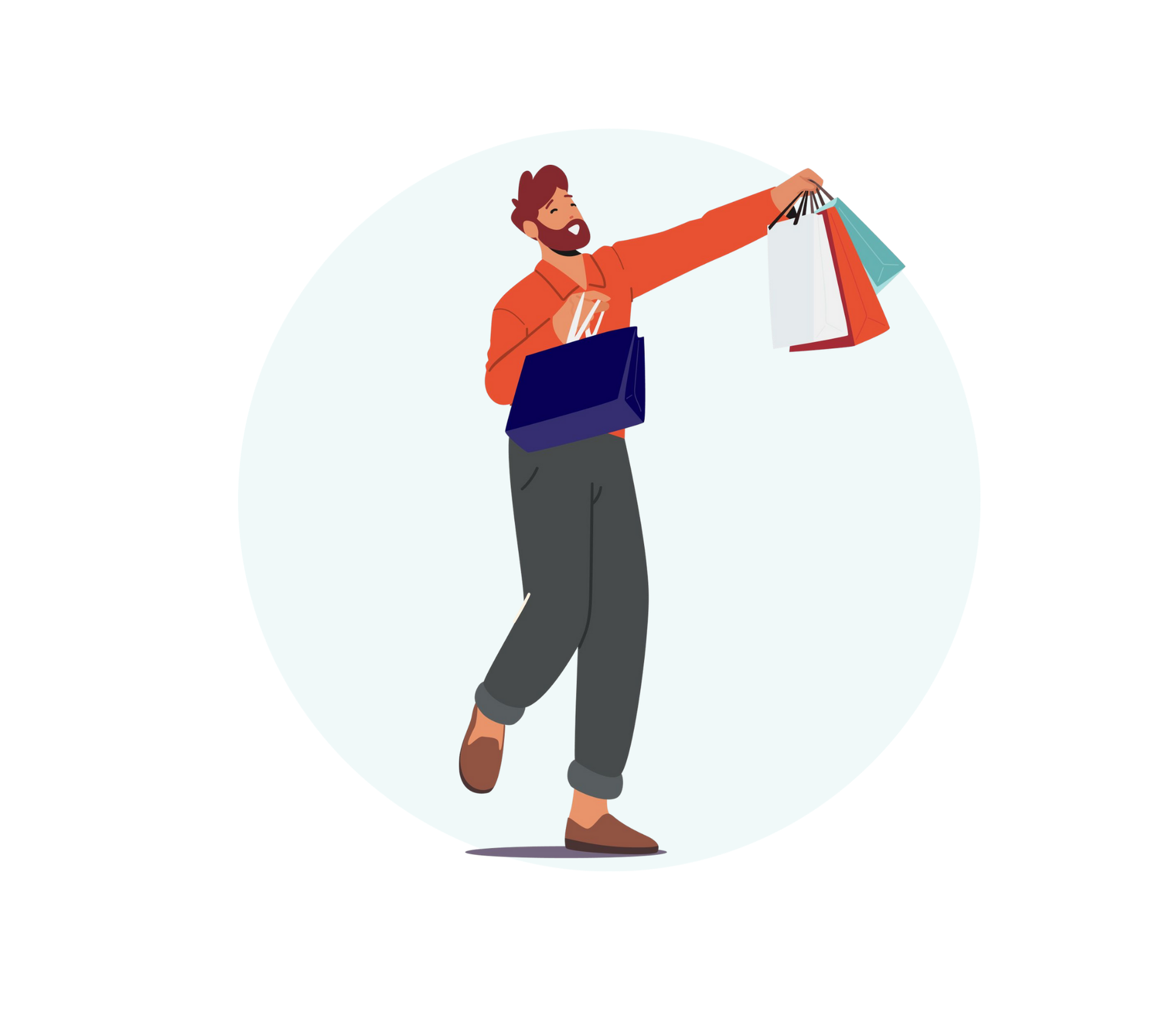 man carrying shopping bags, blue circle