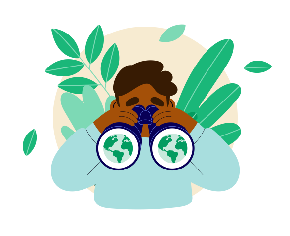 Illustration of a man looking through some binoculars on an orange background