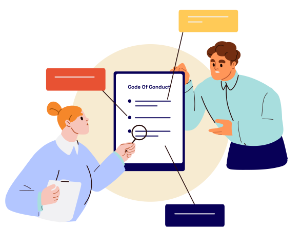 Illustration of two people talking over a code of conduct