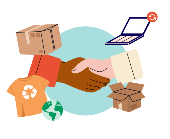 Illustration of two hands shakin with items around (computer, boxes, tshirt and a planet)