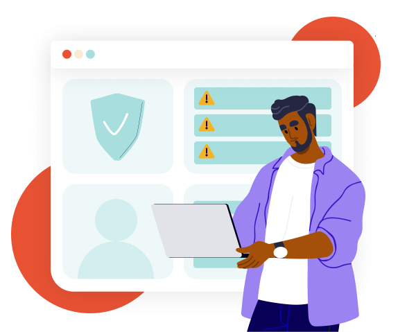 Illustration of a man looking at his computer. On the background we see a tab opened, showing his navigation is secured