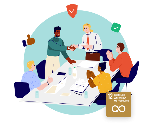Illustration of a group meeting with happy and friendly icon around