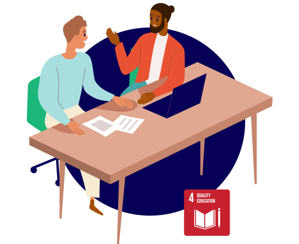Illustration of a student working in the office with an employee mentoring him