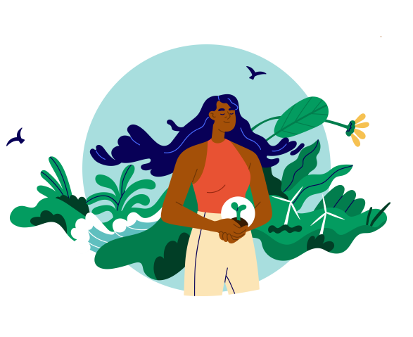 Illustration of a woman in nature holding a sprout in her hands
