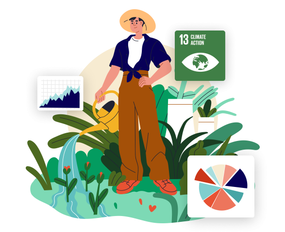 Illustration of a men gardening surrounded by plants and graphs