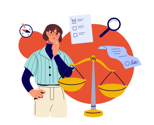 Illustration of a woman looking at a justice scale