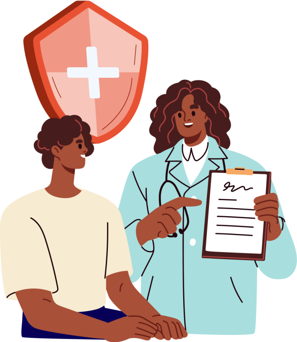 Illustration of a doctor showing a note to a patient