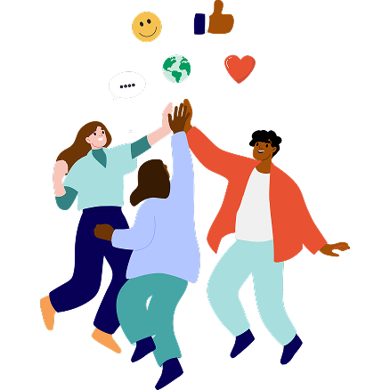 Couple of people high finving with different emojis around them (smiley, thumbs up, heart, planet)