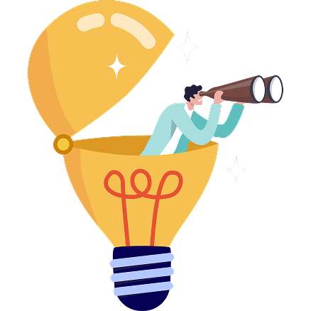 An illustration of a light bulb. The light bulb is open, with a person looking at the horizon with binoculars inside