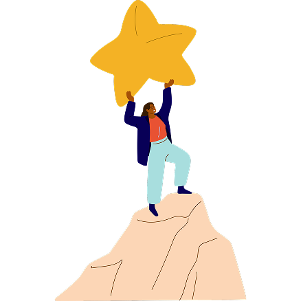 illustration of a woman holding a star above her head on the top of a mountain