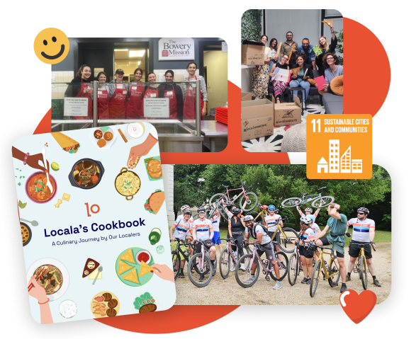 Photos of Locala's employees through different charity events. There's also the cover of locala's cookbook, a collection of Localers' recipes around the world