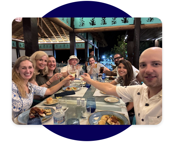 Photos of employees cheering and having dinner together