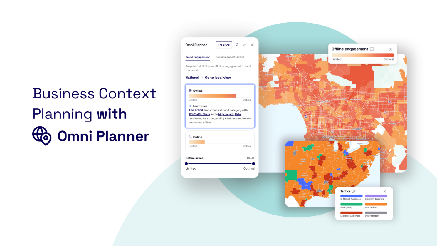 Illustration of Locala’s Omni Planner interface showing maps of offline and online engagement, with insights on brand performance and targeting tactics, alongside the text “Business Context Planning with Omni Planner.”