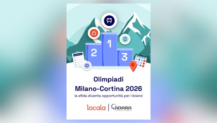 Grafica promozionale con podio e montagne per le Olimpiadi Milano-Cortina 2026, con il testo 'la sfida diventa opportunità per i brand', loghi Locala e Adara in basso.
