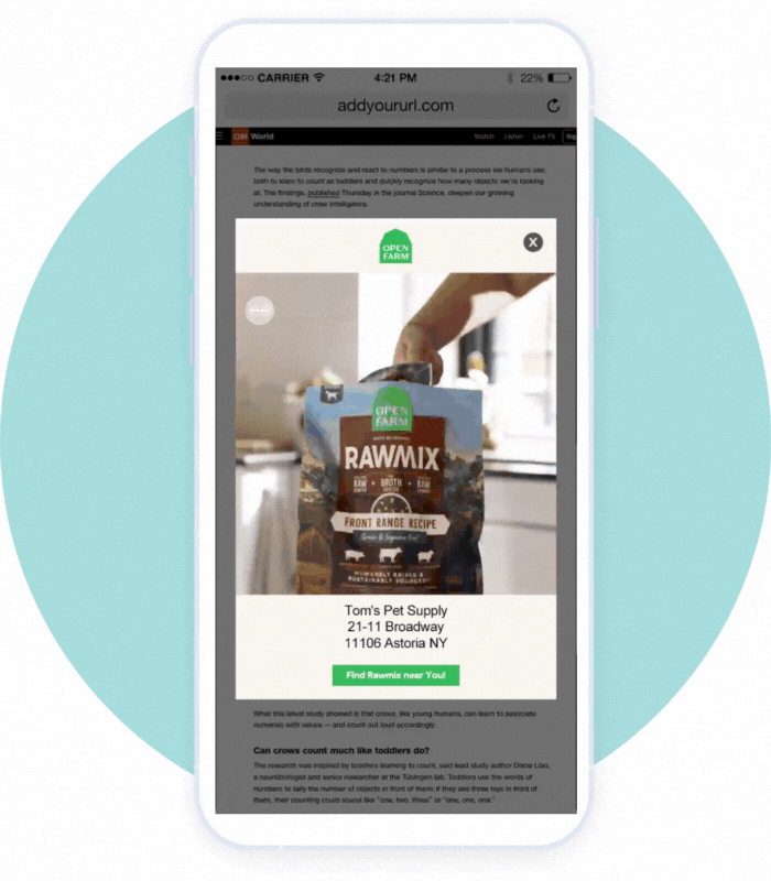 Phone showig a video ad for OpenFarm animal food