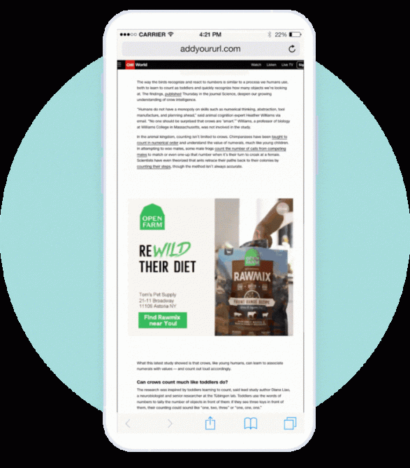 Phone showig a video ad for OpenFarm animal food