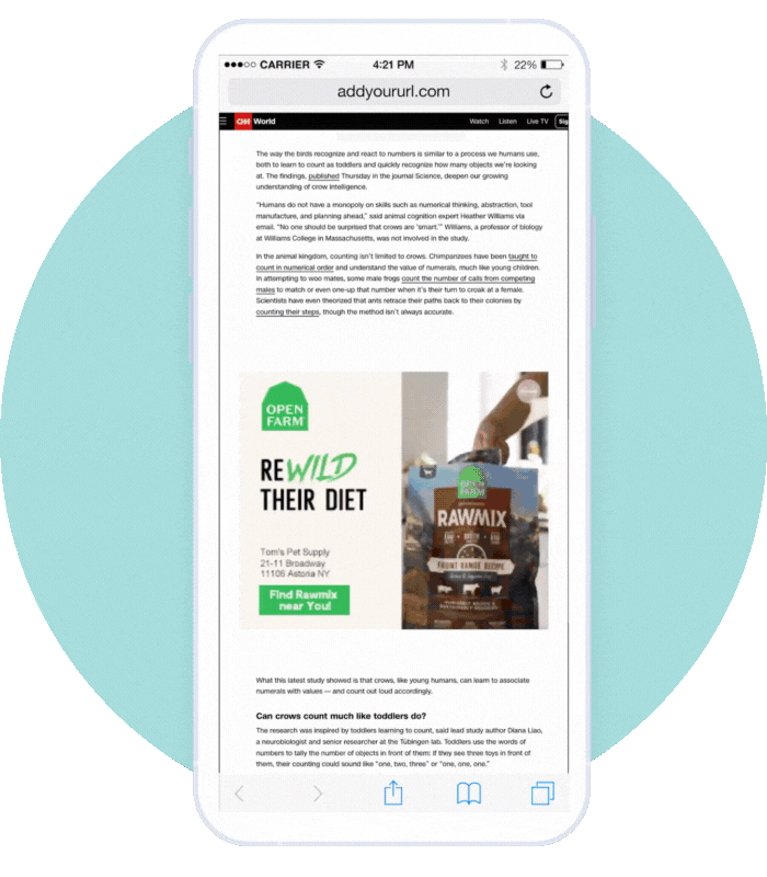 Phone showig a video ad for OpenFarm animal food