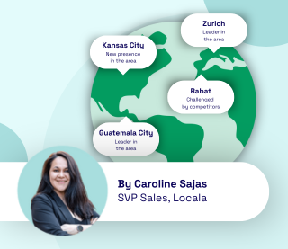 Illustration of earh showing the different challenges a brand can face in different regions + headshots of Caroline sajas vp sales locala