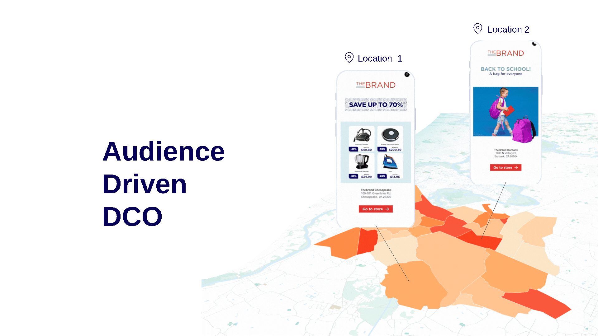 Presentation of audience Driven DCo. A map points two locations. Each location shows a different ad