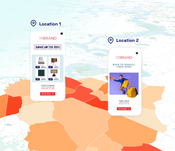 Presentation of audience Driven DCo. A map points two locations. Each location shows a different ad