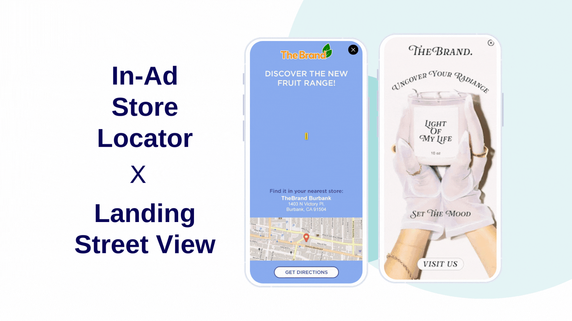 Presentation of the In-ad Store Locator and the landing street view. The first one shows a map with the nearest store, the second show a street view of the store.