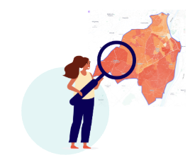 Illustration of a woman holding a magnifying glass pointed at a heatmap