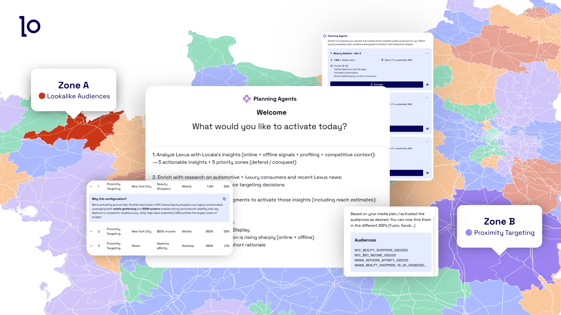 Screenshots from Planning Agents showing how you can build a localised strategy thanks to Locala's AI tools